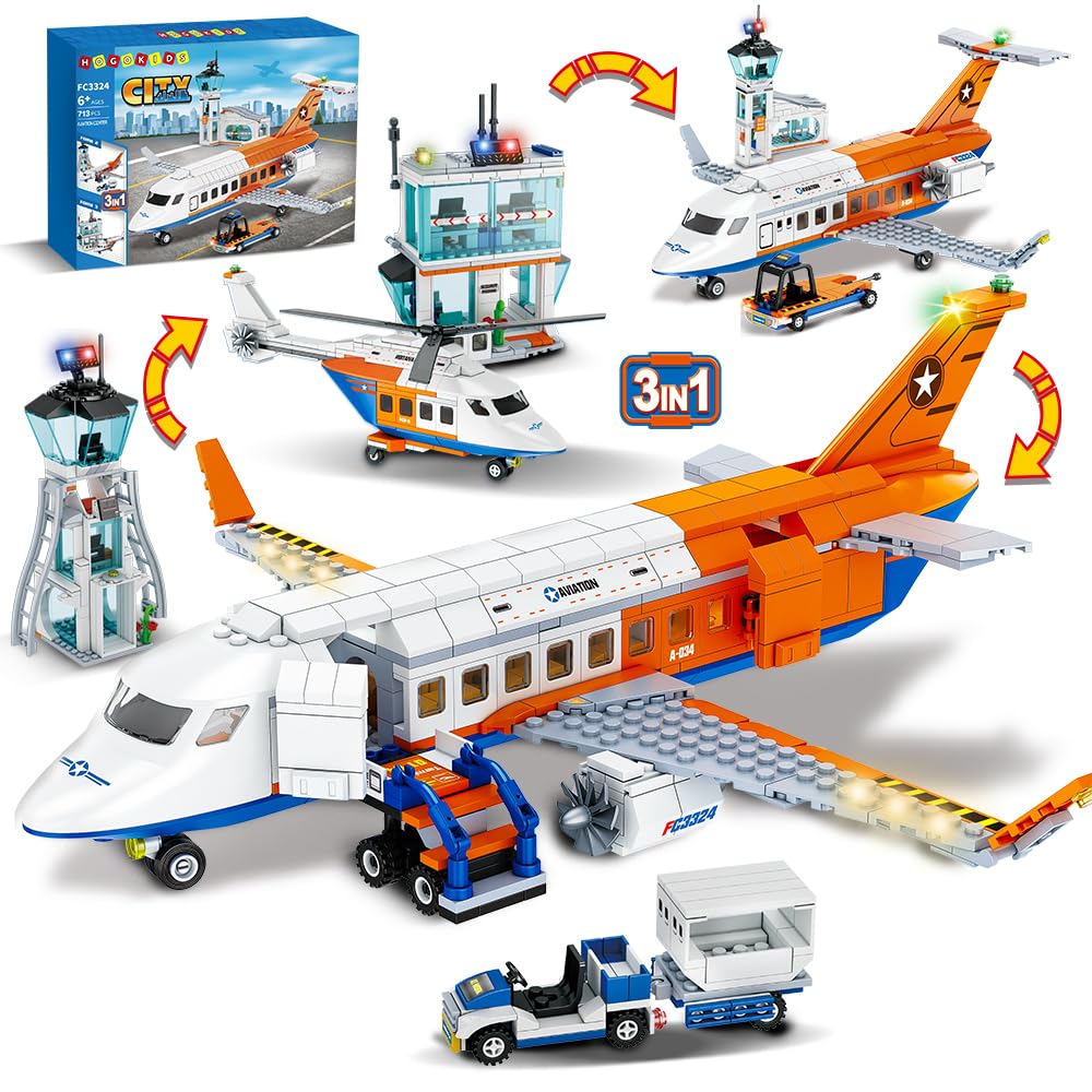 Hogokids City Passenger Airplane Building Set - 711 Pcs Stem 3 In 1 Airport Passenger Plane Building Block Toy With Baggage Truck Radar Tower Shuttle Bus For Boys Girls Kids Adults 6 7 8 9+ Years Old