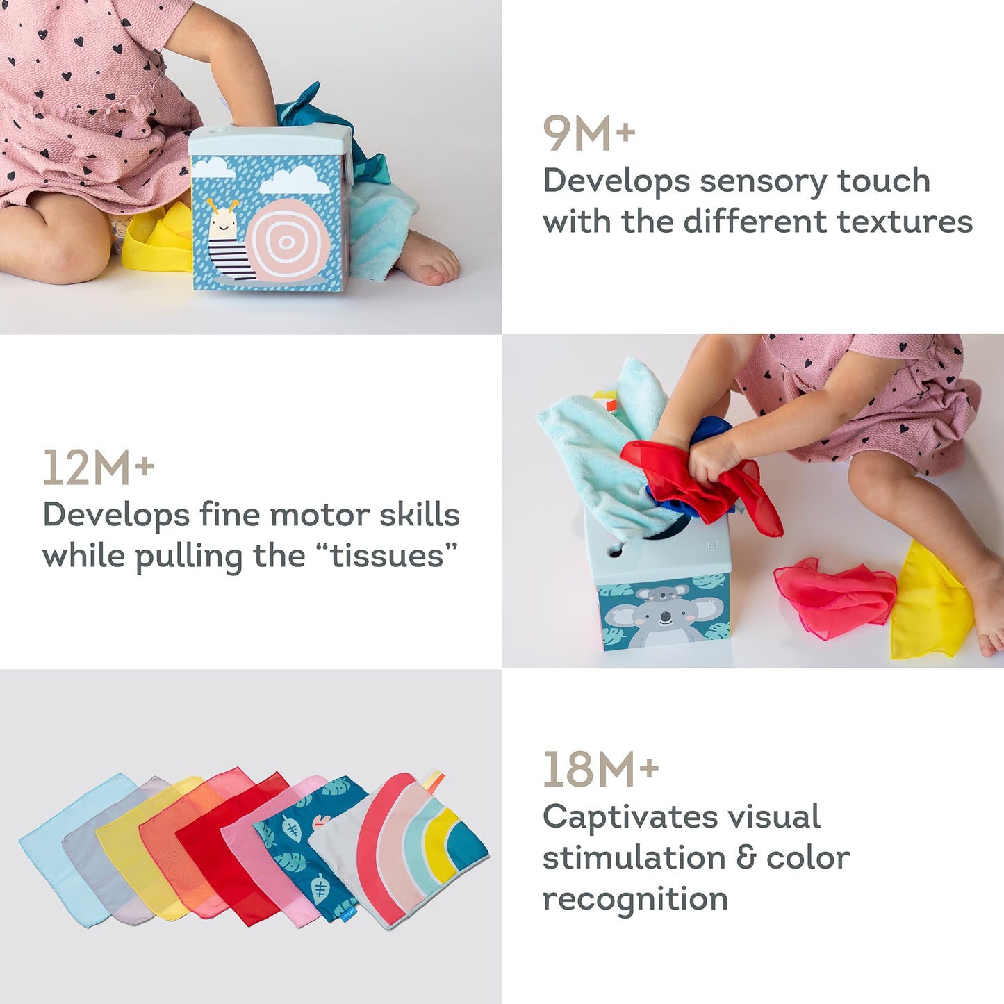 Taf Toys Sensory Crinkle Tissue Box For Toddlers. Stem Montessori Toy With Colorful Soft Scarves And Crinkling Blankies