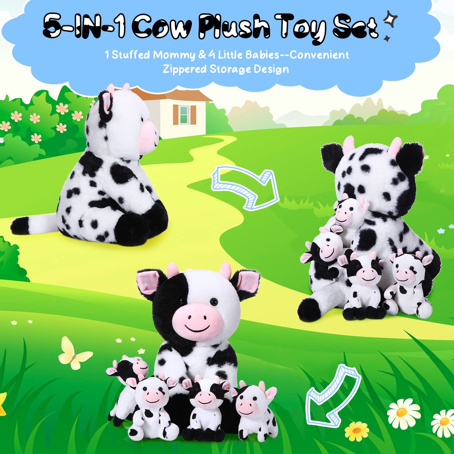 Sumind 5 Pcs Cow Plush Animals Set Mommy Cow Stuffed Animal With 4 Baby Cute Calf In Her Tummy Mommy And Baby Small Plush For Boys Girls(Cute)