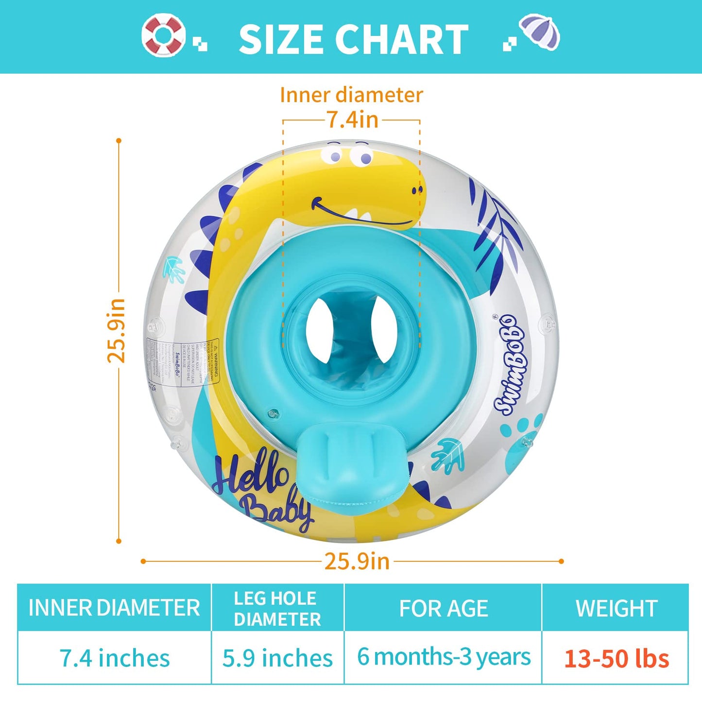 Swimbobo Inflatable Baby Swim Pool Float With Safe Seat And Removable Canopy For Age 6-36 Months Toddler (Yellow Dinosaur)
