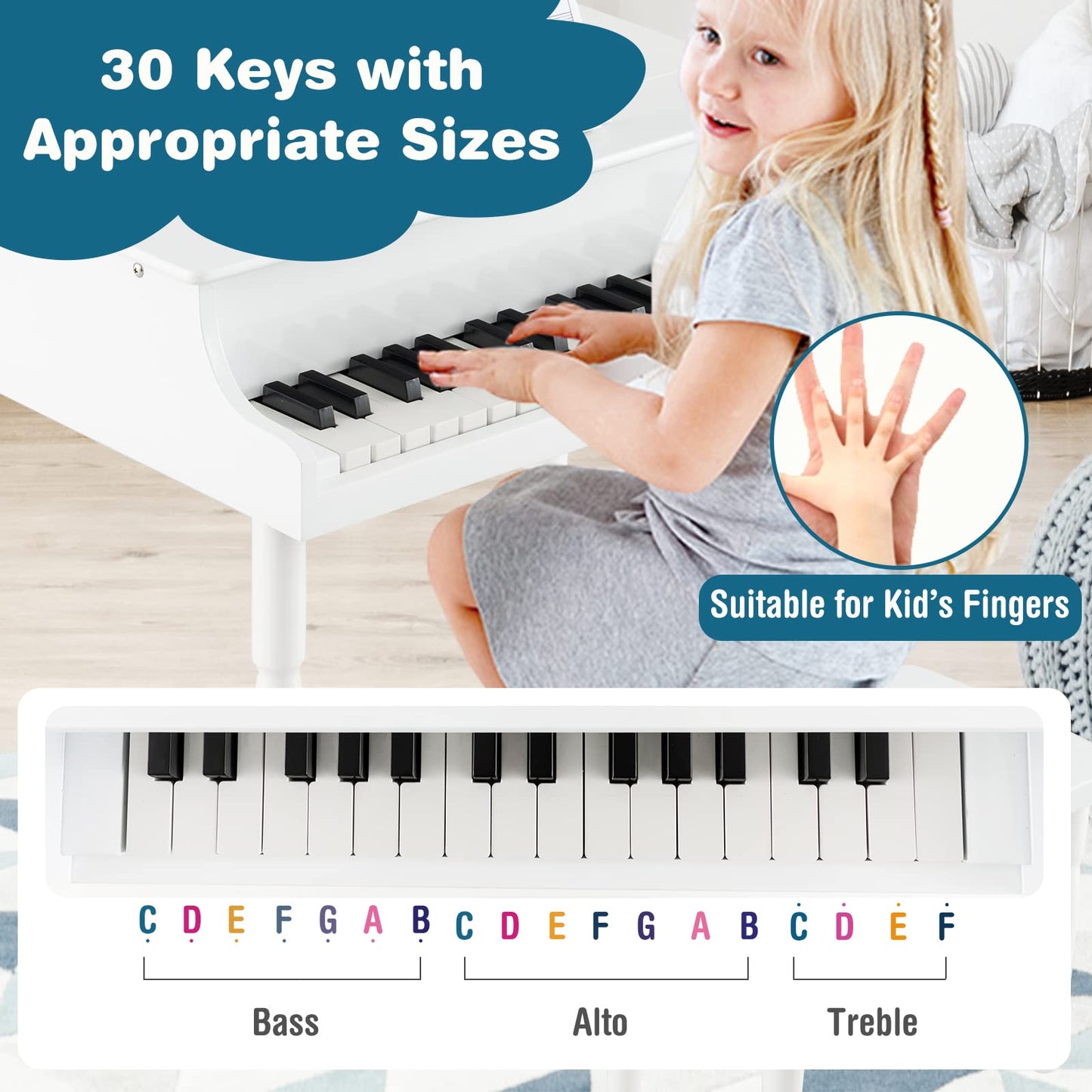 HONEY JOY Classical Kids Piano, 30-Key Mini Grand Piano with Music Stand and Bench, Wooden Musical Instrument Toy w/Lid & Music