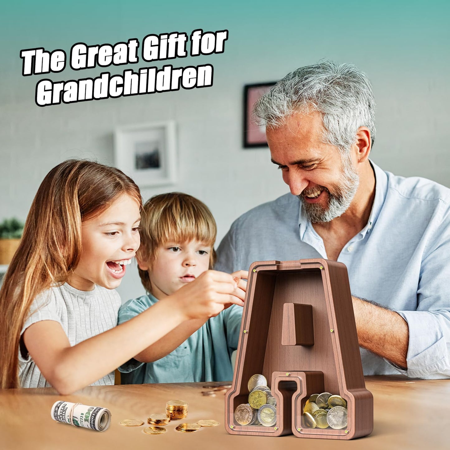 Summidate Wooden Letter Piggy Bank Extra Thick Large Capacity Piggy Bank for Kids Boys Girls Toddler Alphabet A Money Bank| Coin Box Birthday Christmas Festival