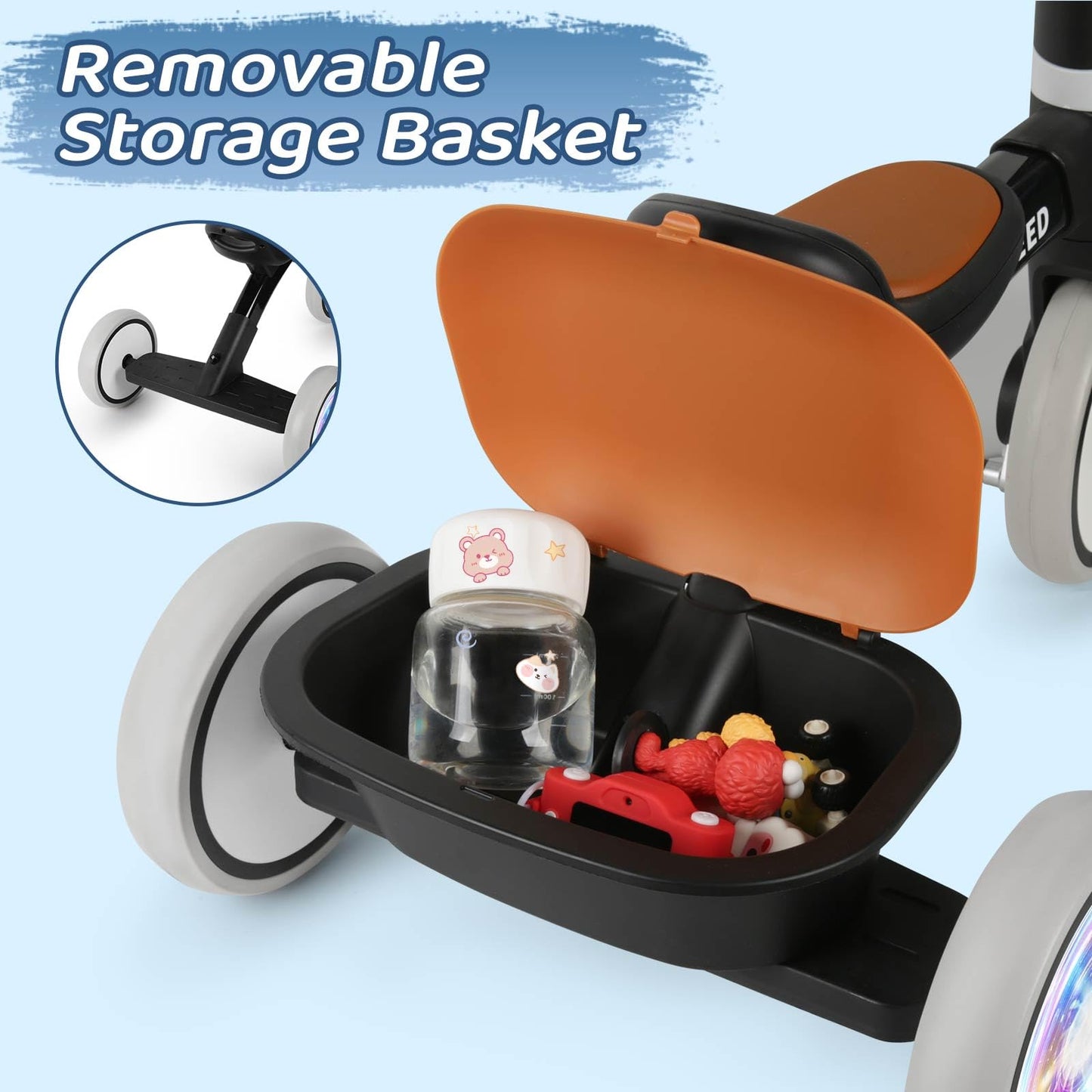 Sereed Colorful Lighting Toddler Tricycle For 2-5 Years Old Boys, Adjustable Seat&Handlebar Trike, Removable Basket, Birthday Gift Idea For Kids Ages 2+ (Black)