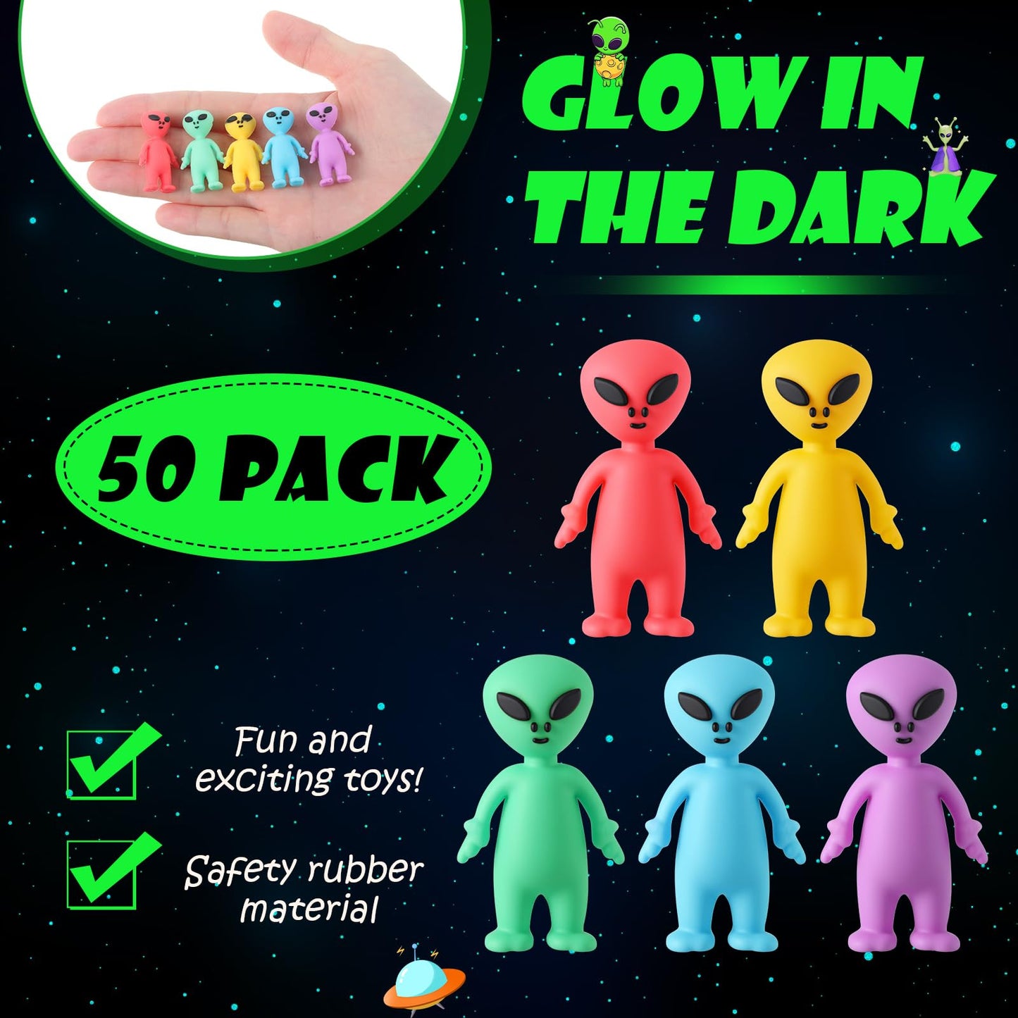 Croblissful 50 Pcs Halloween Mini Alien Figures Bulk Colorful Glow In The Dark Small Tiny Little Alien Figurines For Space Party