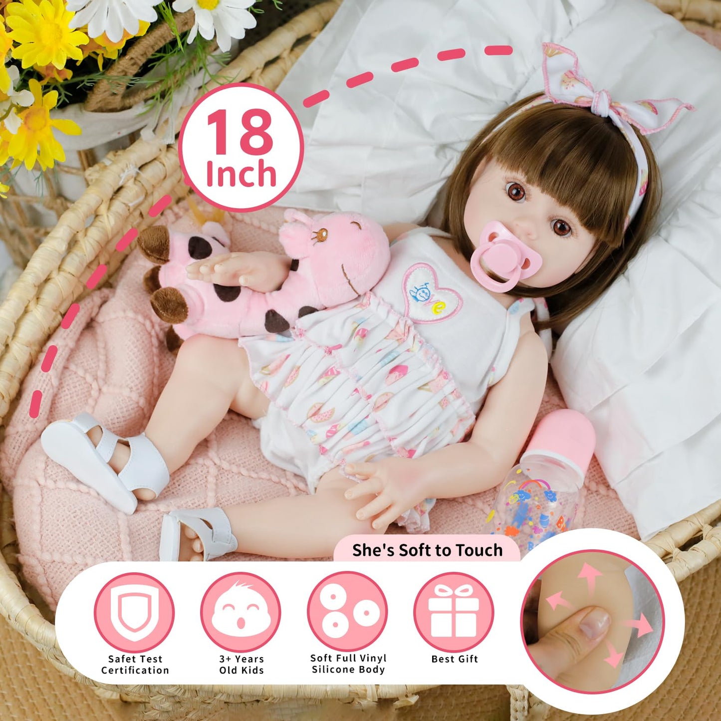 Lifelike Reborn Baby Dolls 18 Inch Realistic Newborn Girl Baby Doll With Doll Clothes & Accessories Best Birthday Set For Girls Age 3+