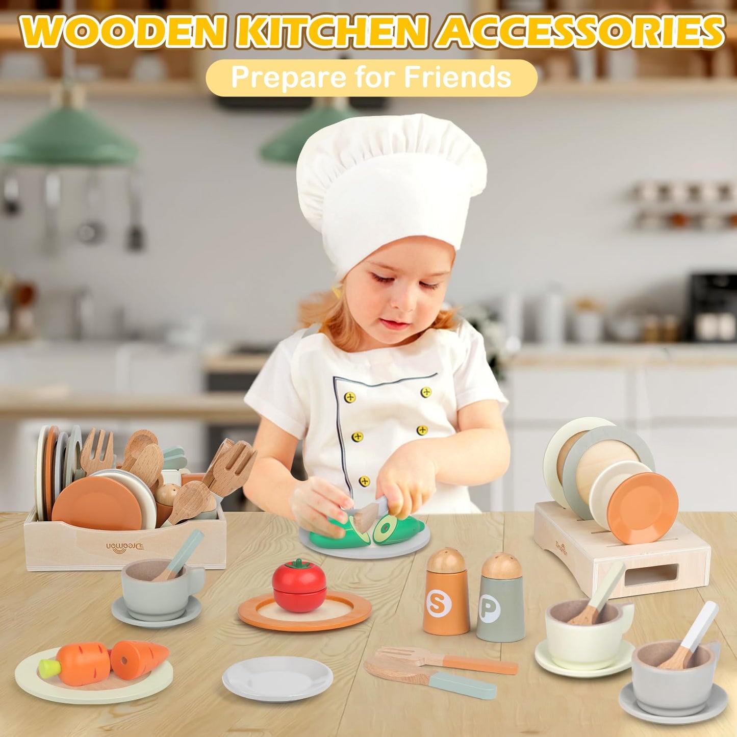 Wooden Play Dishes and Plates for Kids Kitchen Set, 27 PCS Wooden Play Kitchen Accessories, Kitchen Toy for Toddlers 2-4 Years G
