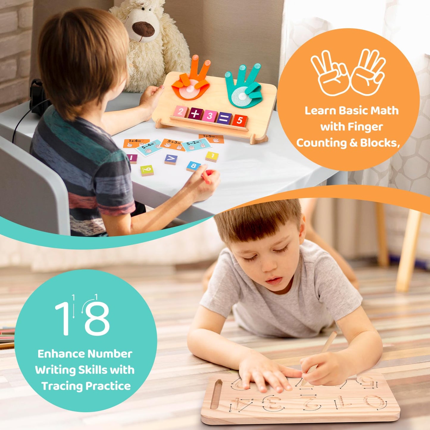 Montessori Learning Toys for Toddlers 2-4, Double-Sided Finger Counting & Number Tracing Board, Colorful Number Blocks, Solid Pi