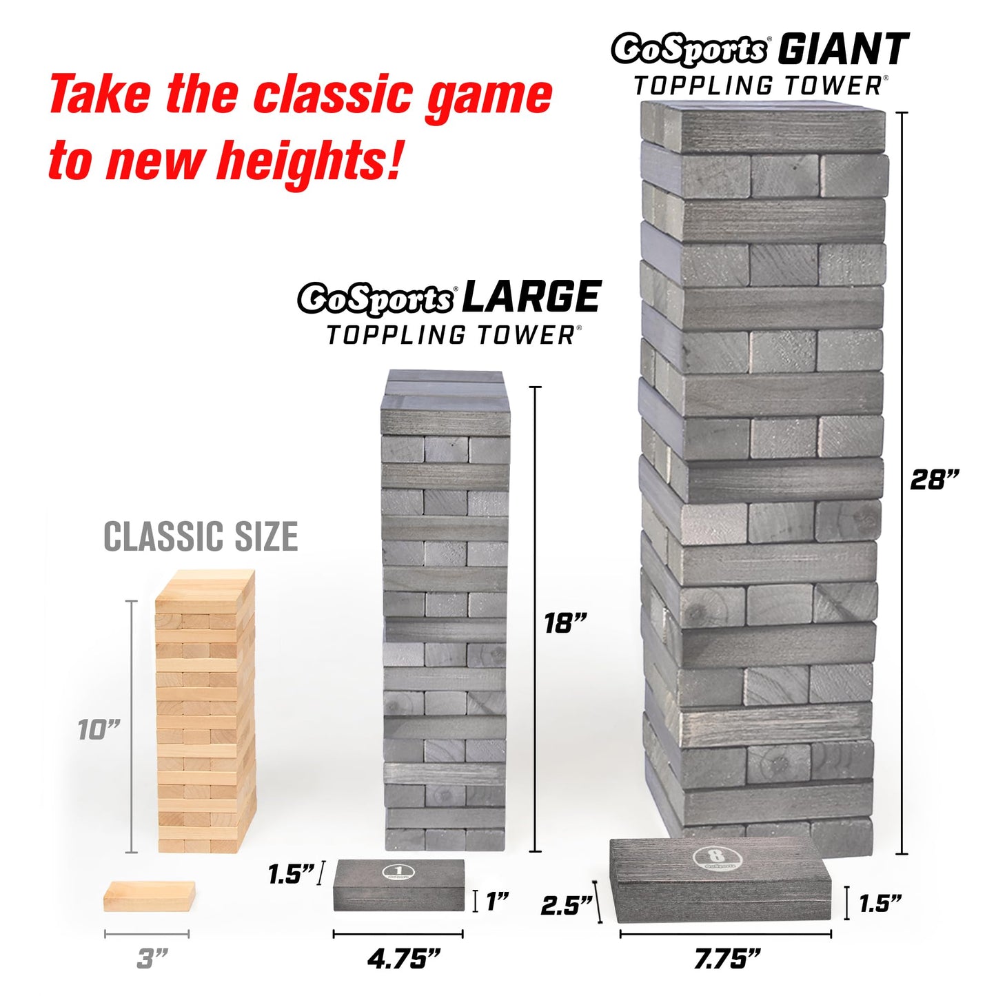 GoSports Large Wooden Toppling Tower - Stacks Up to 3 ft - Gray Wood Stain