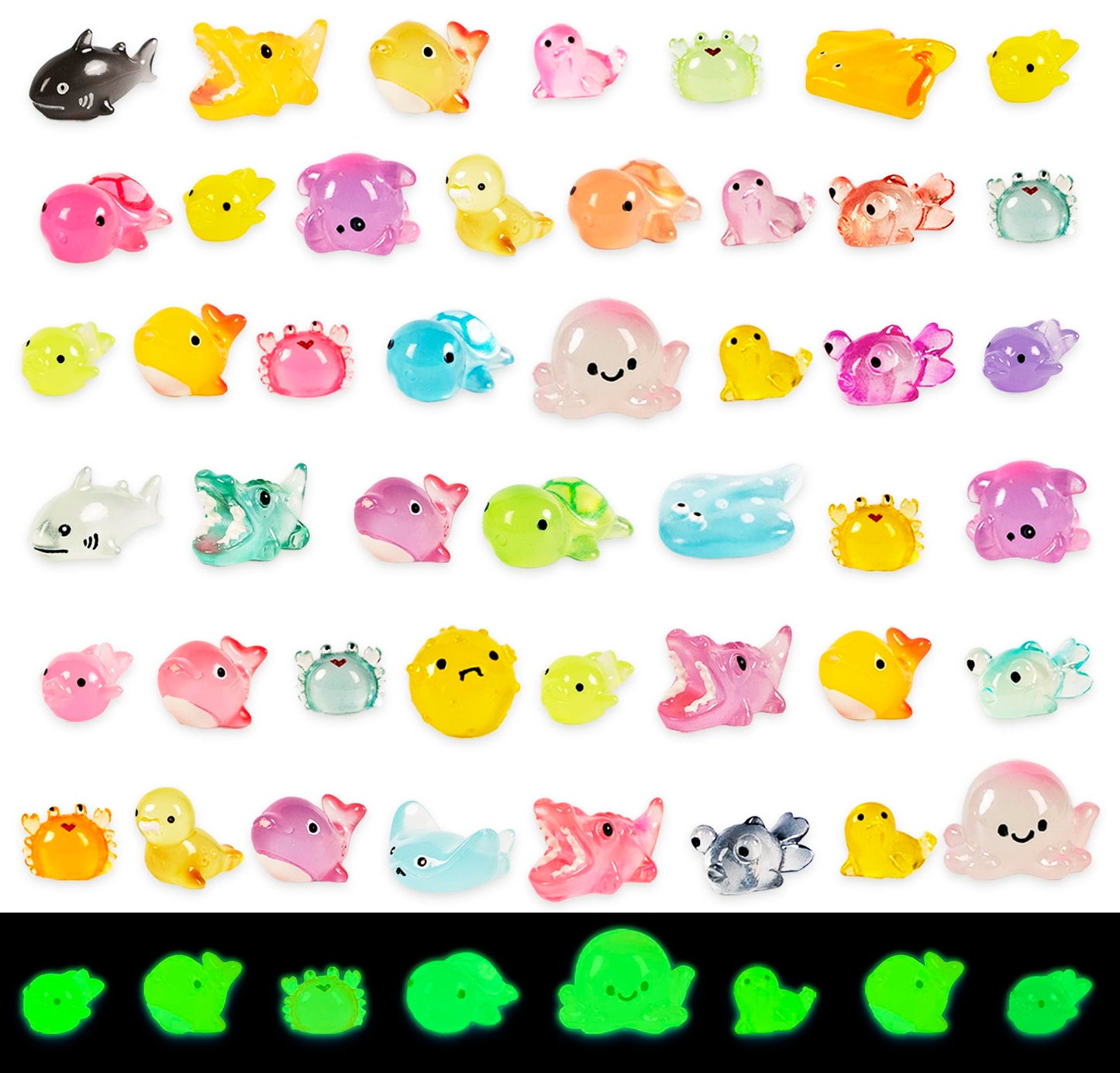 Fexia 50 Pcs Ocean Mini Resin Animals Tiny Aquariums Decor Glow In The Dark Resin Figures Luminous For Garden Landscape Sea Deco