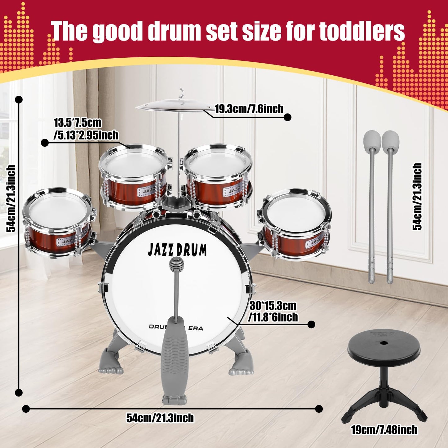 Oonewiser Kids Drum Set For Toddlers Toy- Musical Instruments Toys Drum Kit 9 Pcs With Stool, Bass Drum, 4 Small Drums Percussio