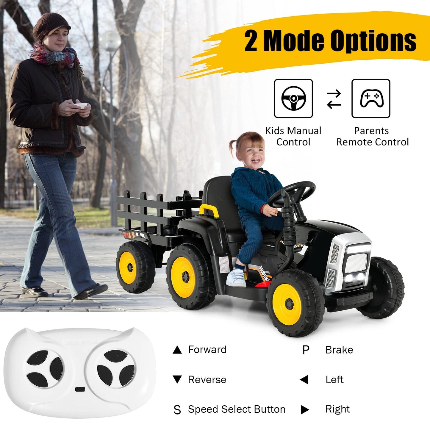 Costzon Ride On Tractor W/Detachable Trailer, 12V Kids' Electric Vehicles W/ 3-Gear-Shift Ground Loader, Wireless Design & Usb, 7 Led Headlights, Remote Control Tractor Toy For Kids 3+ (Black)