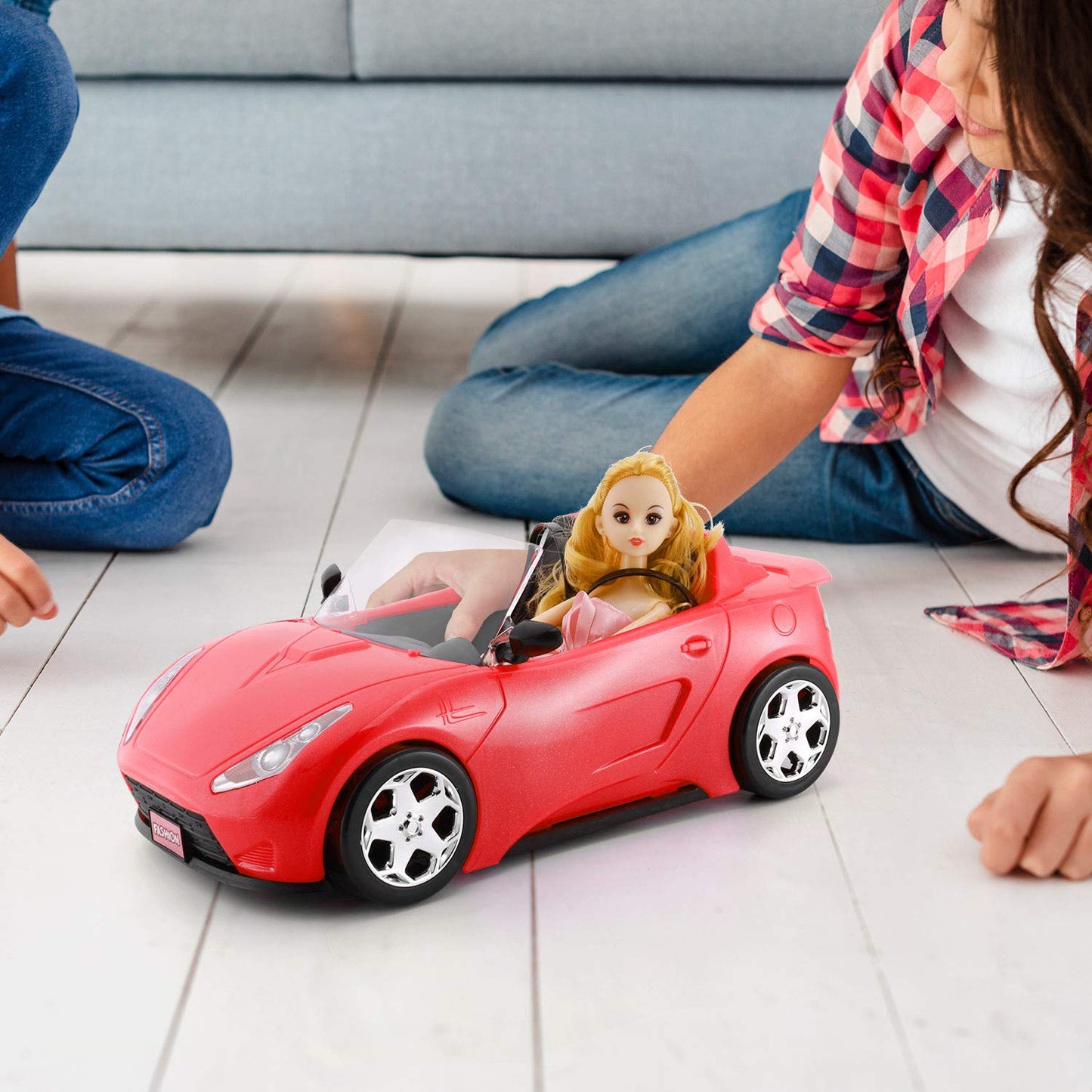 Convertible Car for Dolls, Glittering Deep Red Convertible Doll Vehicle with Working Seat Belts Ideal Gift Increase Children's F