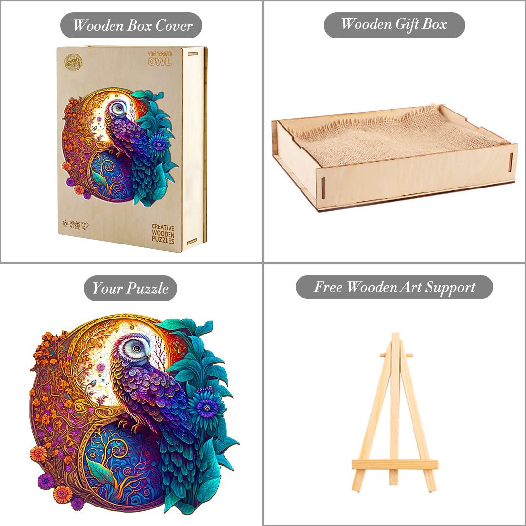 Woodemon Wooden Puzzles For Adults,200Pcs Yin Yang Owl Wooden Jigsaw Puzzles Kids, Unique Shaped Animal Wood Puzzles Adults, Wooden Animal Puzzle Adults Kids, Christmas Birthday Gifts M-11.8 * 11.8In