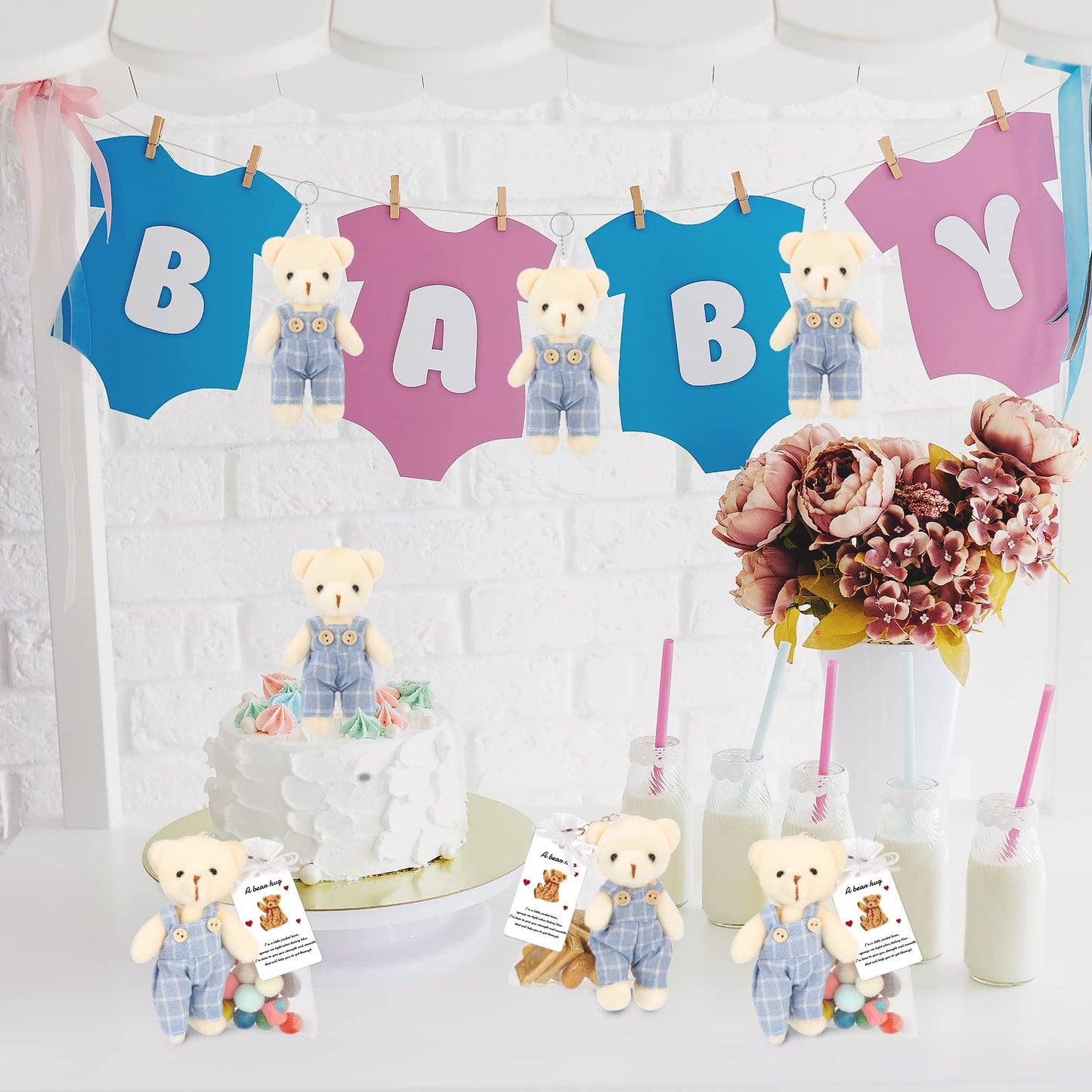 20 Sets Miniature Bear With Clothes Stuffed Plush Bear Decorations, 4.7 Inch Bears Baby Shower Doll Favors Bear Hug Gift Card White Organza Bags For Guest Baby Shower Souvenirs Birthday Party (Blue)
