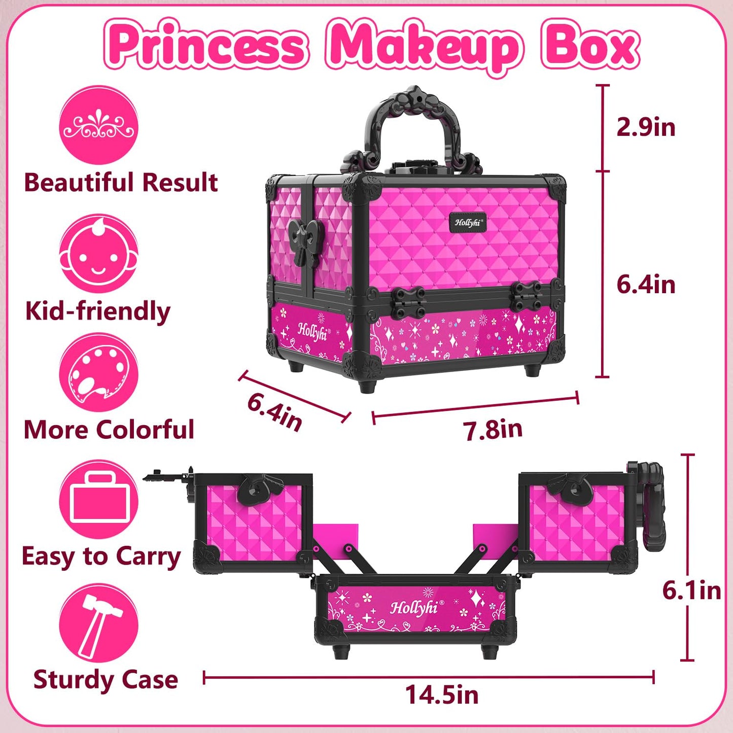 Hollyhi Kids Makeup Kit - 59 Pcs Washable Play Makeup Set, Pink Cosmetic Case for Girls Ages 3-12, Pretend Beauty Vanity Toys