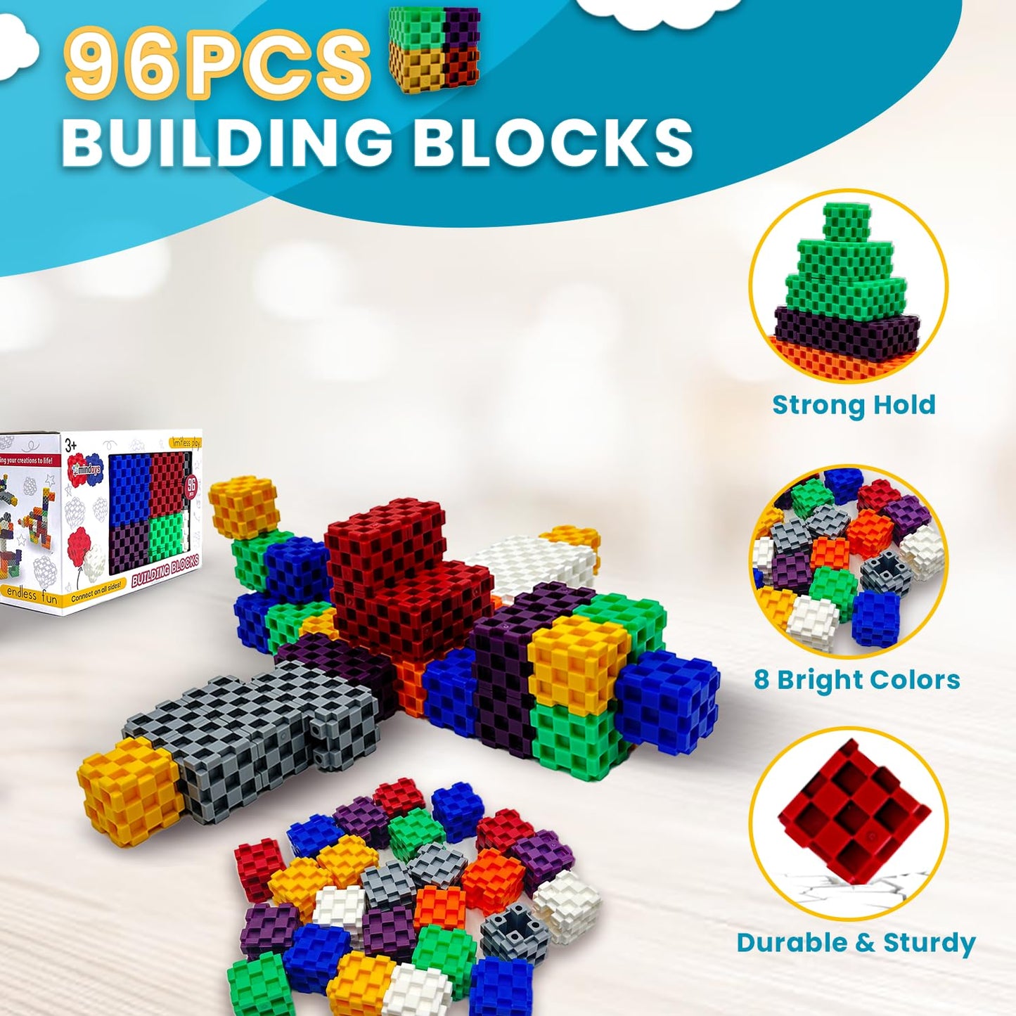 Mindoys Building Blocks - 96 Pcs Stem Educational Building Blocks For Toddlers & Kids Ages 3 To 9+ | Creative & Fun Building Toy