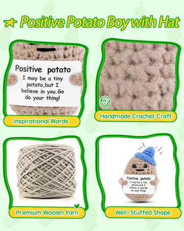 Jelutar Mini Funny Positive Potato, 3 Inch Knitted Doll With Positive Card For Cheer Up Gifts And Party Decorations, Cute Positive Potato Crochet Doll For Birthday Gifts (Potato With Blue Hat)