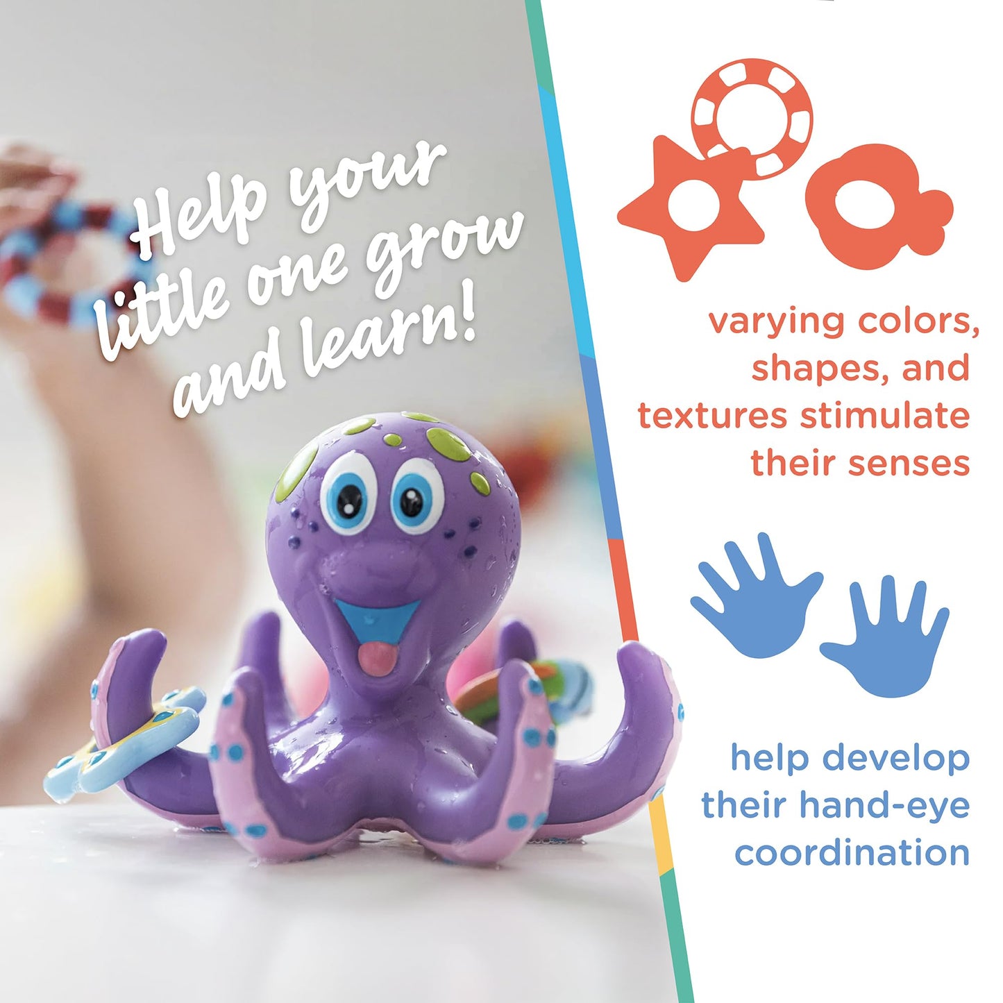 Nuby Floating Octopus Toy With 3 Hoopla Rings - Baby Bath Toy For Boys And Girls - 18+ Months - Purple (Pack Of 1)