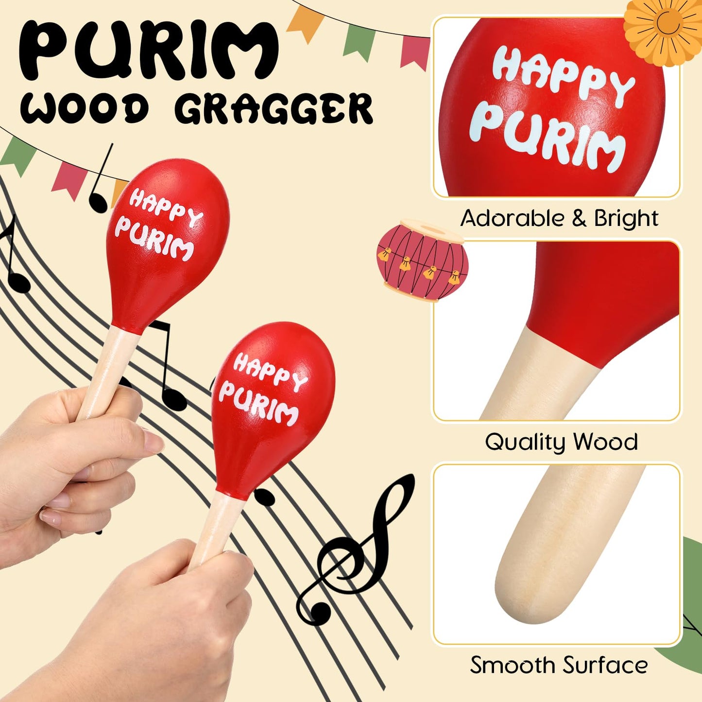 Lenwen 12 Pcs Happy Purim Wood Gragger Maracas Shakers with Stickers Colorful Noisemakers for Fun Jewish Holiday Party Favors Go