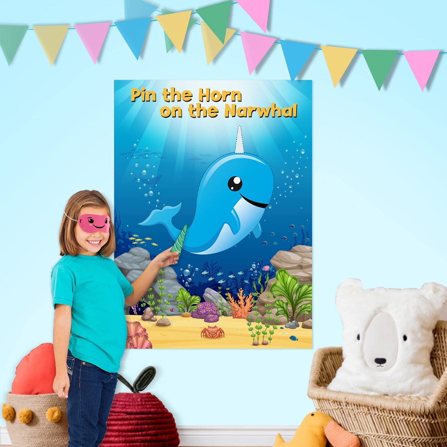 NEBURORA Pin The Horn on The Narwhal Party Game, Large 21"x28" Posters with Stickers, Ocean-themed Birthday Supplies for Kids