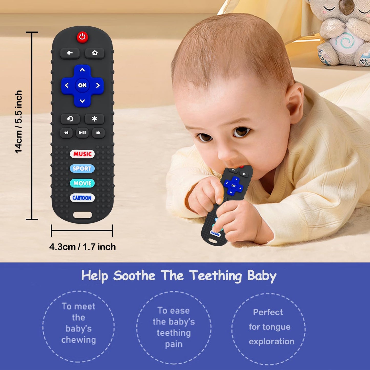 Robbear Baby Teething Toys, Soft Silicone Remote Control Teether For Babies 3 6 12 18 Months, Tv Remote Control Shape Infant Che
