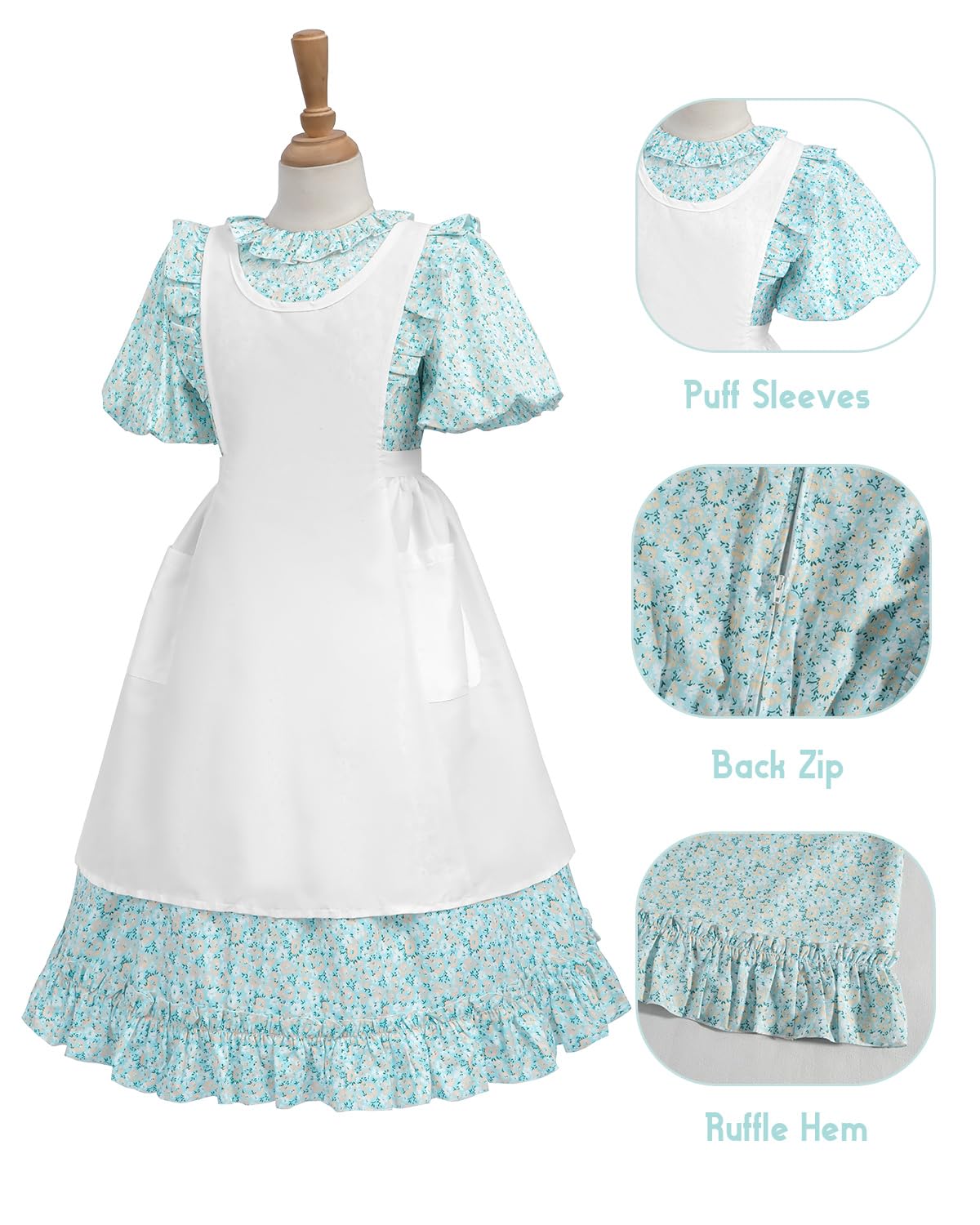 Fccam Colonial Pioneer Dresses For Girls Short Sleeve Floral Prairie Costume Green L