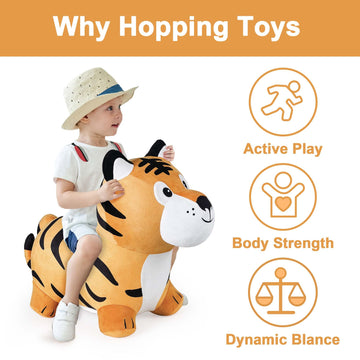 iPlay, iLearn Bouncy Pals Tiger Hopper Toy - Large Inflatable Plush Ride-On Bouncer for Kids, Yellow, Indoor/Outdoor Fun, Ages 2-6