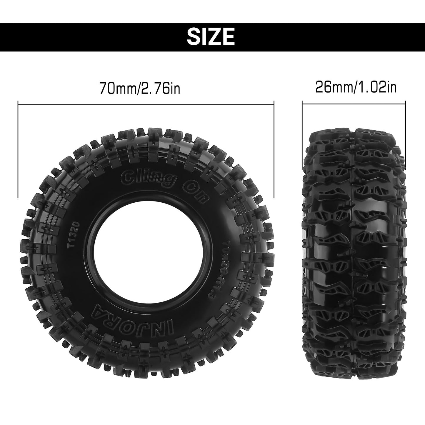 INJORA 1.3''Tires -S5 Cling On Tires 70 * 26mm for SCX24 TRX4M AX24 1/18 1/24 Micro Crawler,T1320