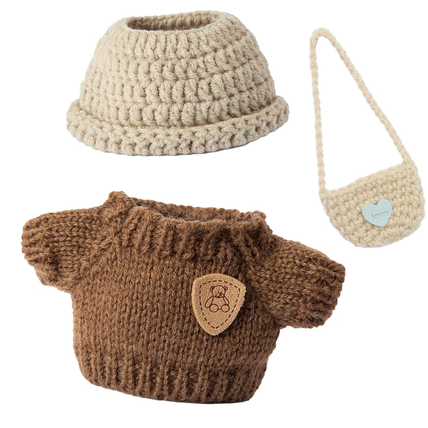 17cm Doll Clothes for Labubu (NO Doll) - Kawaii Chic Style Set for 17cm Dolls Handcrafted Crochet Dolls Outfit with Accessories - Khaki Wool Hat + Brown Romper + Khaki Bag (Brown)