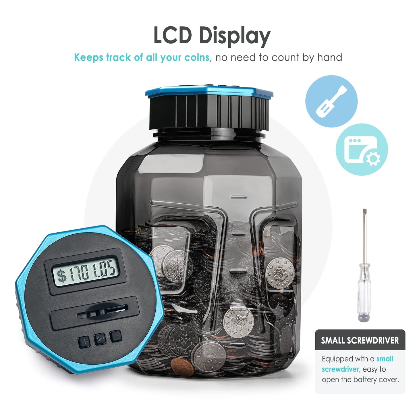 X-Large Piggy Bank For Adults Kids, Vcertcpl Digital Coin Counting Bank With Lcd Counter, 2.4L Capacity, Great Coin Counter Bank Money Counting Jar With Total Amount Displayed (Gray2, X-Large)