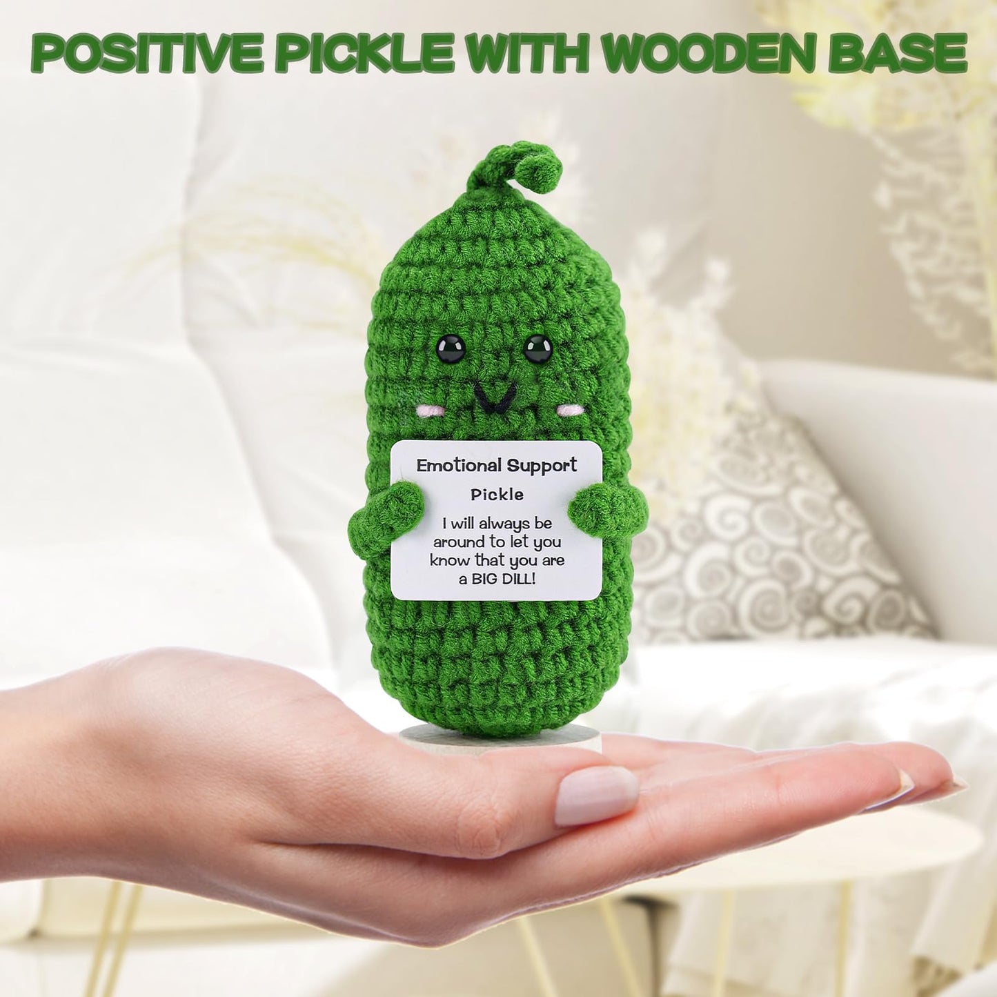 Hoedia Emotional Support Pickle With Wooden Base: Cucumber Crochet Dolls Friend Birthday Gifts For Women Men Coworkers Student -