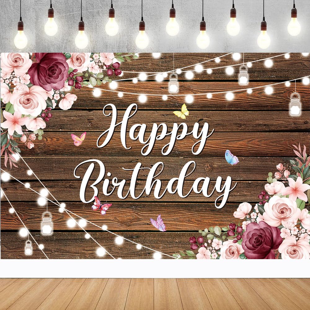Yinqin 180X120 Cm Rustic Wood Flower Happy Birthday Backdrops Cloth Rustic Wooden Floral Birthday Photography Backgrounds Flower