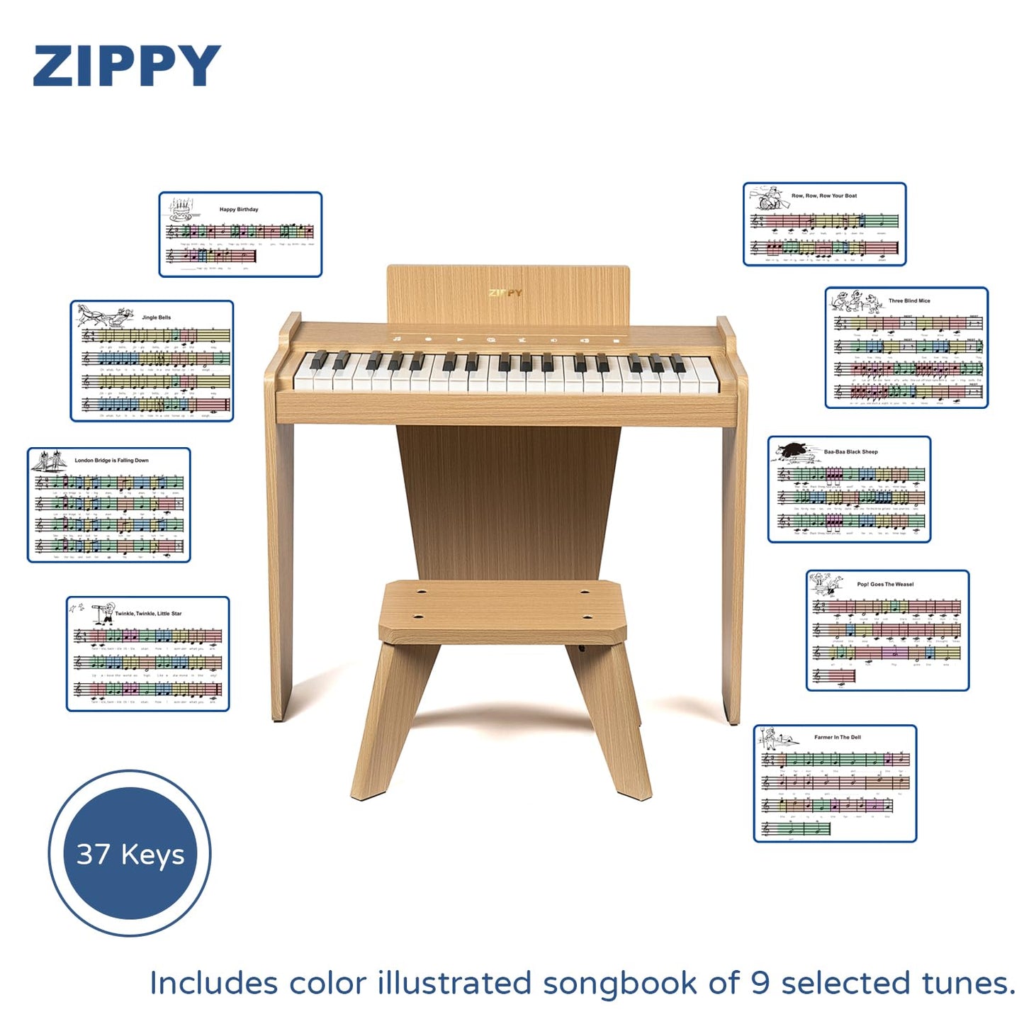 Zippy Kids Piano Keyboard, 37 Keys Digital Piano For Kids, Touch Sensitive Control Panel, Built-In Songs, Volume Adjustable, Mus