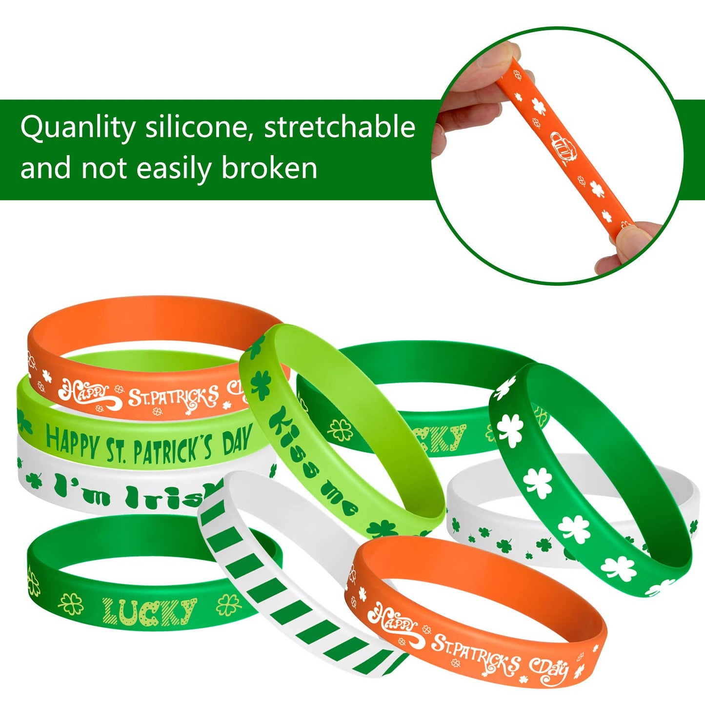 TUPARKA 35 Pieces St Patrick Bracelets Rubber Clover Irish Bracelet Silicone Bracelet for Party Favors School Children Gifts Sup