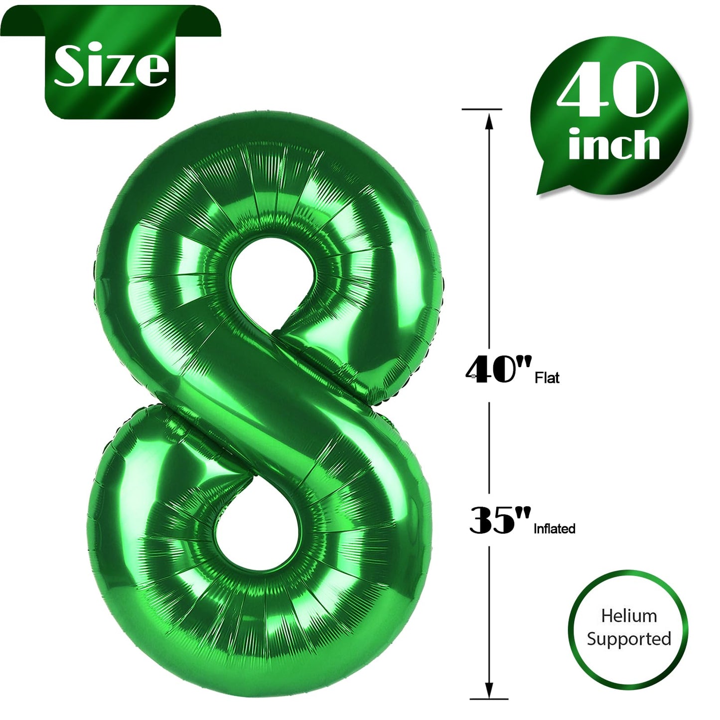 Green Number 8 Balloon 40 Inch, 8 Balloon Number, 8Th Birthday Decorations, Green Party Supplies For Boys Girls