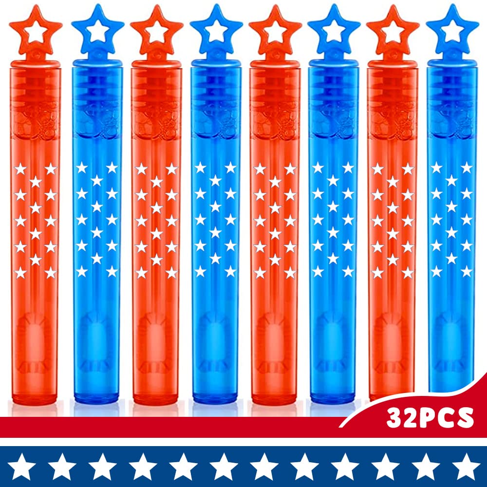 Vkten 32Pcs 4Th Of July Mini Bubble Wands Patriotic Red White Blue Bubbles For Kids, Independence Day Party Favors Patriotic Dec