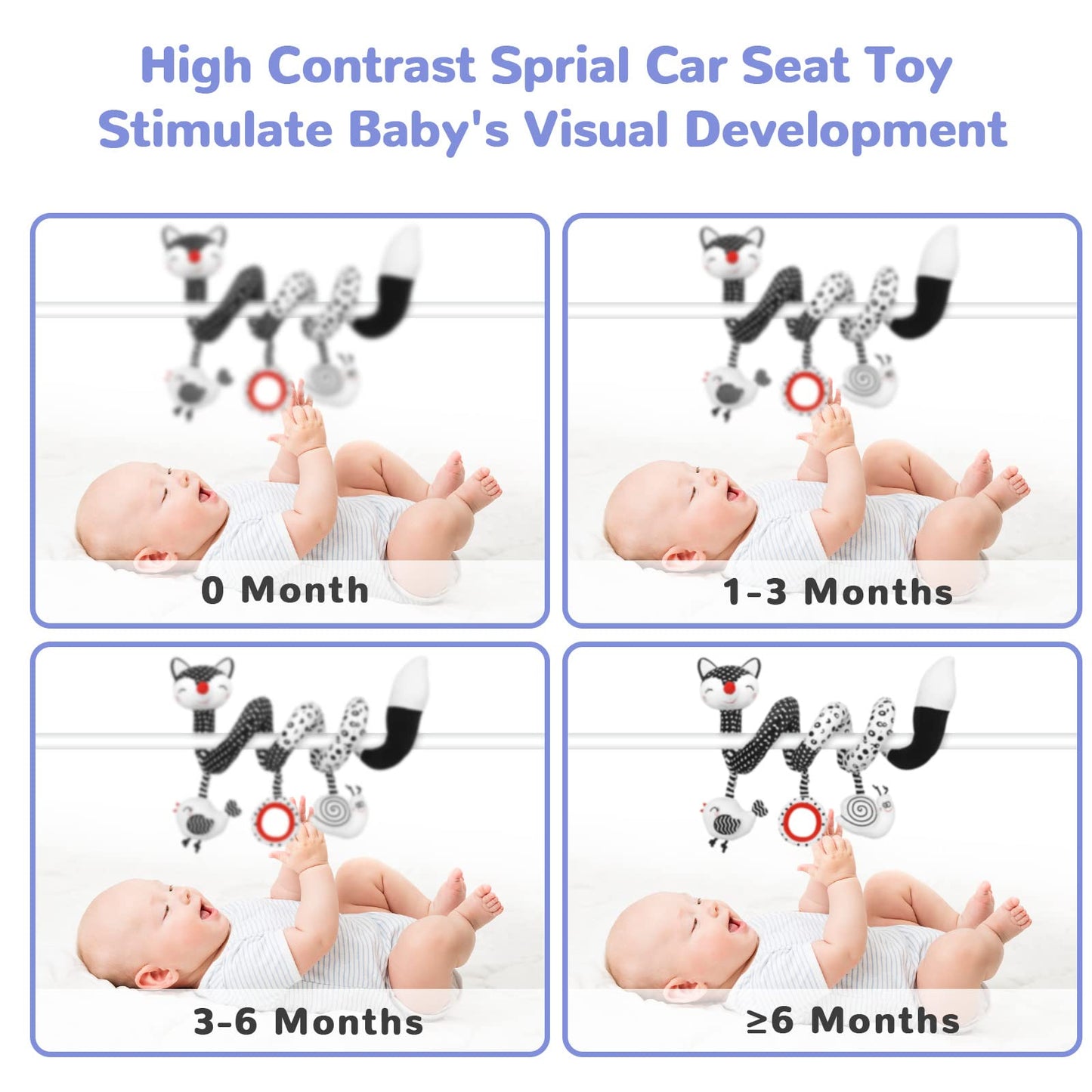 XIXILAND Baby Spiral Plush Toy - Black & White Stroller Toy, Stretch Activity Rattle for Crib Mobile, Sensory Toy for Newborns 0-12 Months