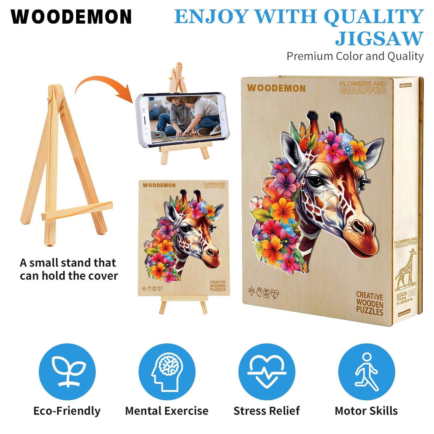 Woodemon Wooden Puzzles For Adults, Flowers And Giraffes (M-170Pcs) Wooden Jigsaw Puzzles Kids, 11.6*9.9In Unique Shaped Animal Wood Puzzles Adults, Xmas Christmas Puzzles Birthday Gifts Family Games