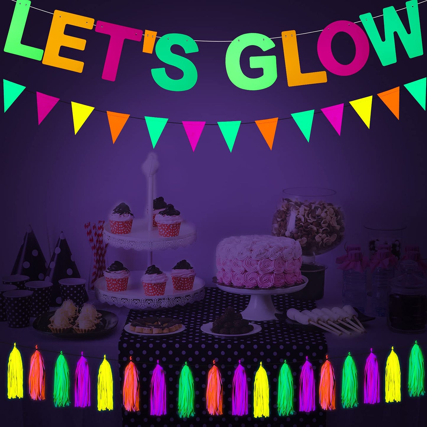 Outus Neon Party Supplies Includes Lets Glow Banner 20 Pieces Neon Paper Tassels and Neon Triangle Flag Glow in The Dark Party