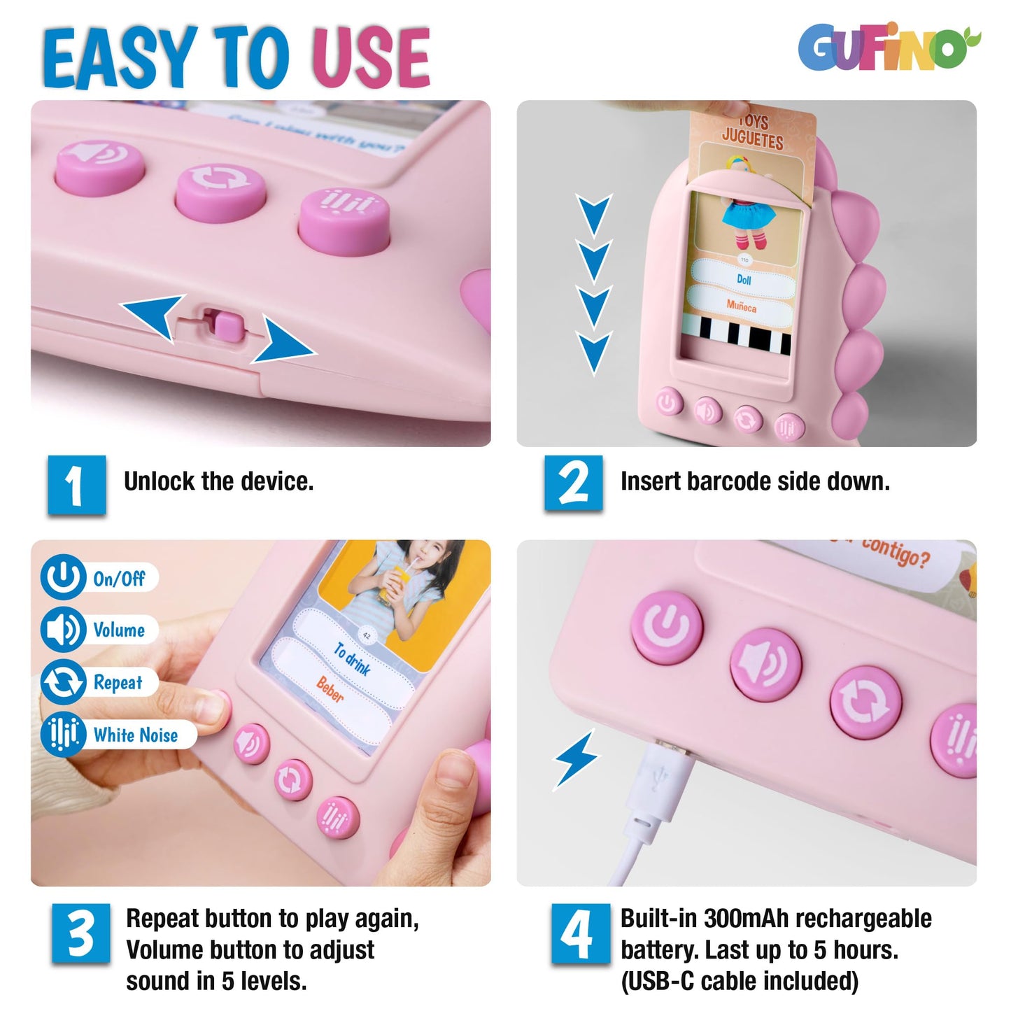 Gufino – Spanish English Bilingual Flashcards For Toddlers 3-5 Years – Montessori Toys For 3+ Year Old, Preschool Supplies Learning Resources – Juguetes Para Niñas De 3 Años O Mayores. Pink