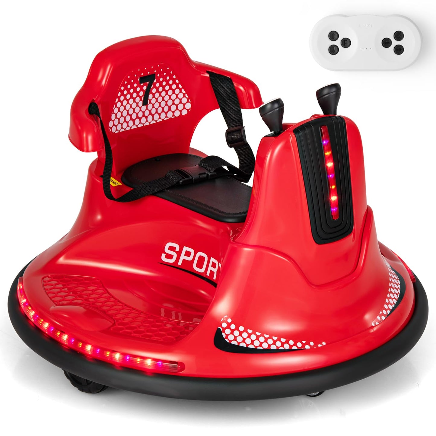 Costzon 12V Kids Ride On Bumper Car, Electric Bumper Car W/Dual Joysticks, Remote Control, 360° Spin, Slow Start Function, Led Lights & Fun Music, Adjustable Safety Belt, Soft Bumper (Red)