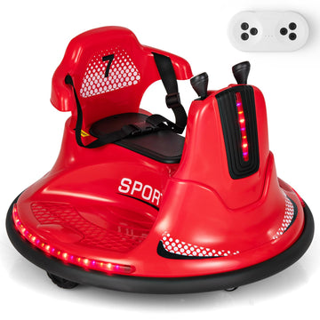 Costzon 12V Kids Ride On Bumper Car, Electric Bumper Car W/Dual Joysticks, Remote Control, 360° Spin, Slow Start Function, Led Lights & Fun Music, Adjustable Safety Belt, Soft Bumper (Red)