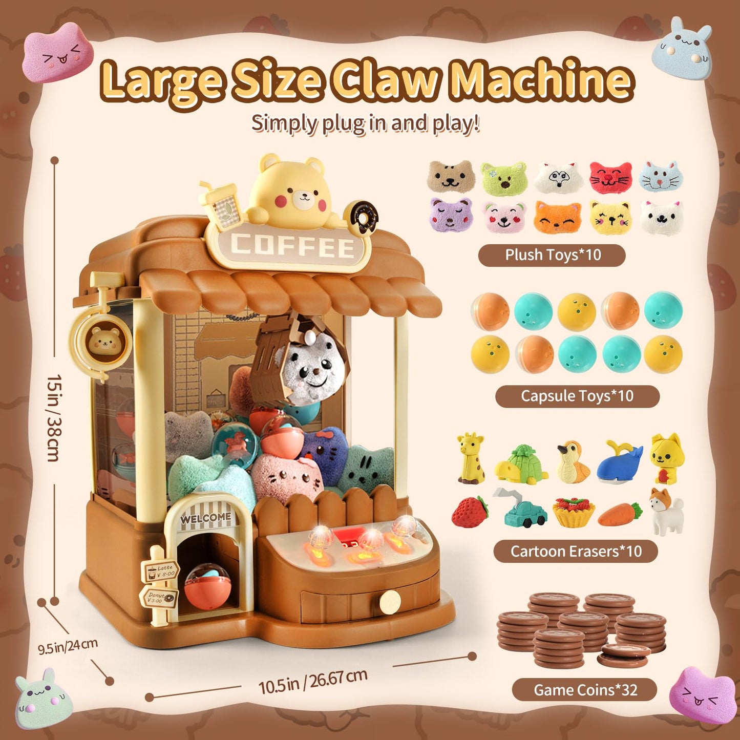 Large Claw Machine for Kids Adults, Mini Vending Machine with 30 Fun Toys, Candy Dispenser Machine, Prize Dispenser with Music L