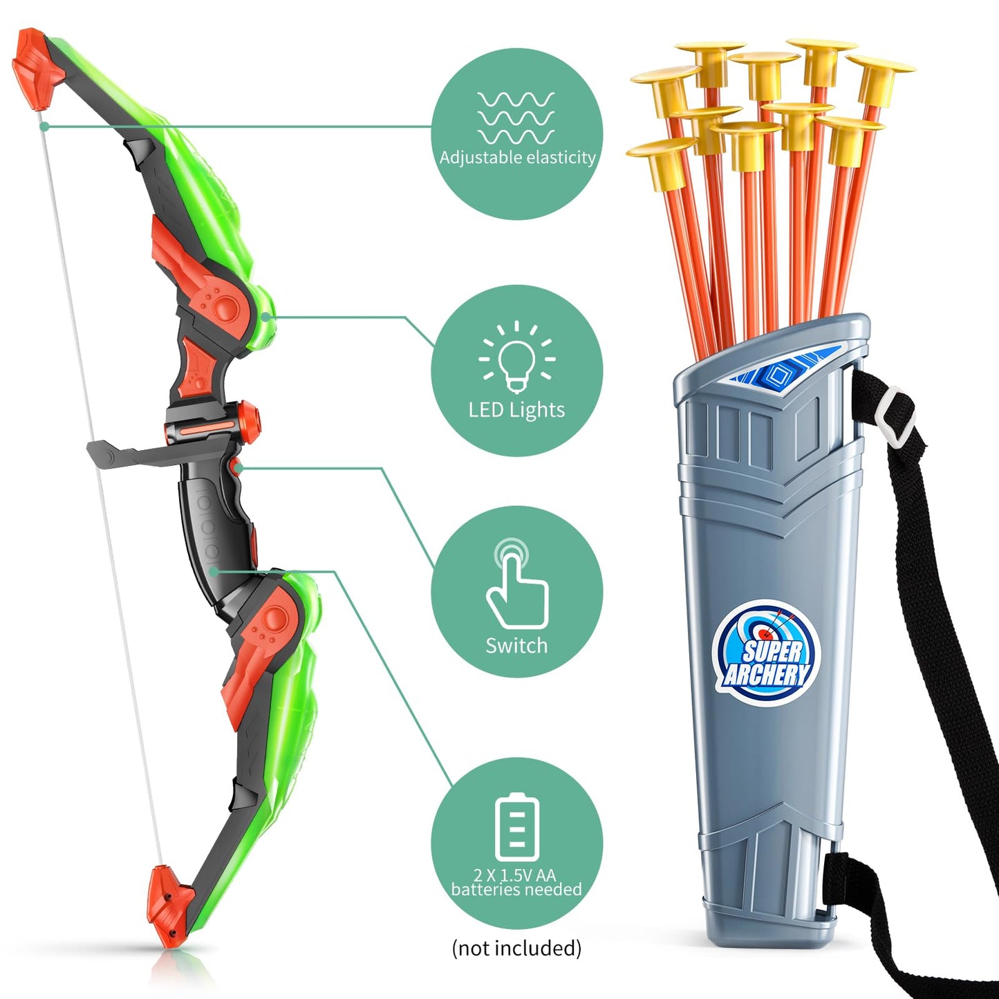 Temi Kids Bow And Arrow Set - Led Light Up Archery Toy Set With 10 Suction Cup Arrows, Target & Quiver, Indoor And Outdoor Toys For Children Boys Girls