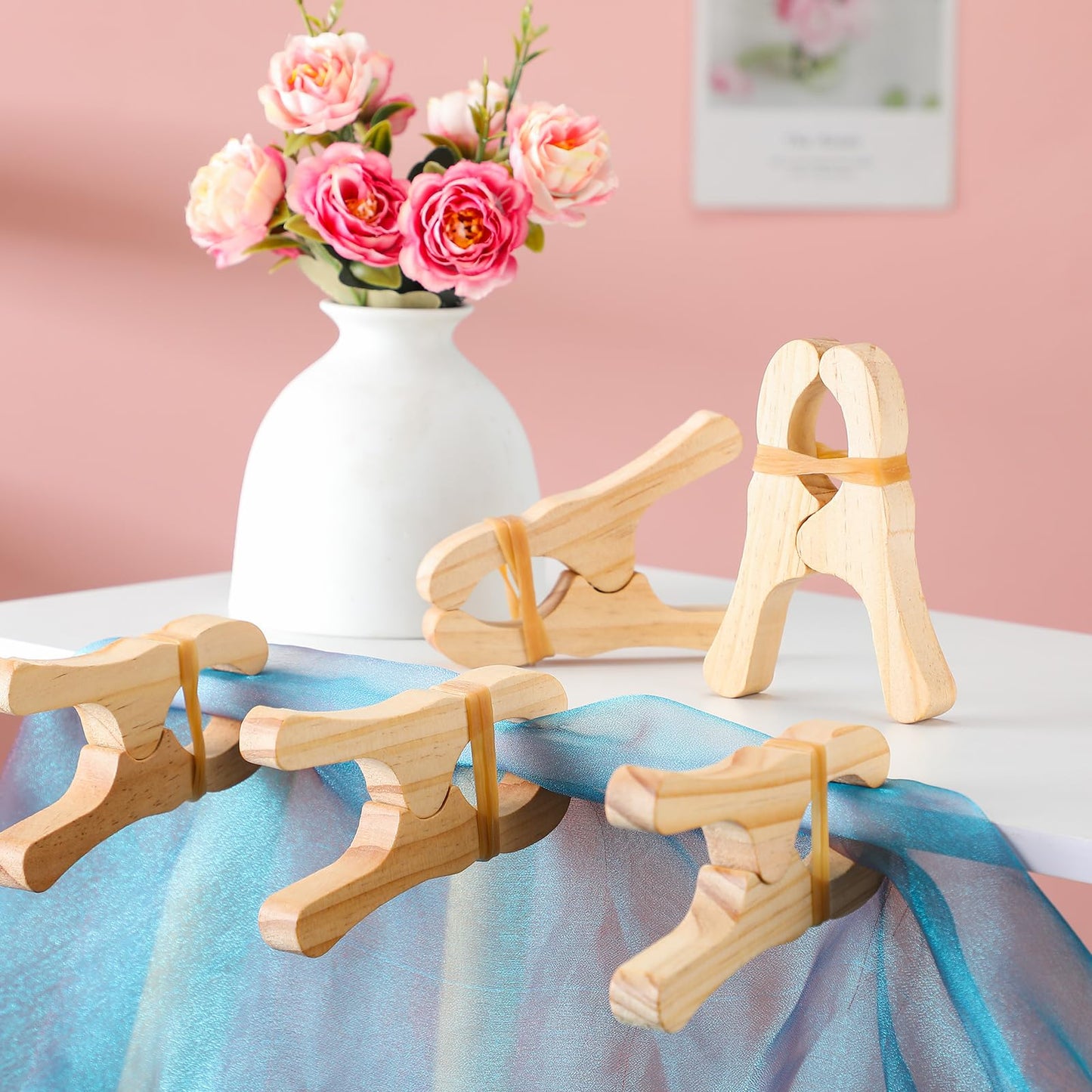 Simgoing 6 Pcs Wooden Play Clips For Kids Montessori And Waldorf Fort Building Kit Silk Clips Giant Wooden Handmade Fort Building For Blankets Silk Construction(White)