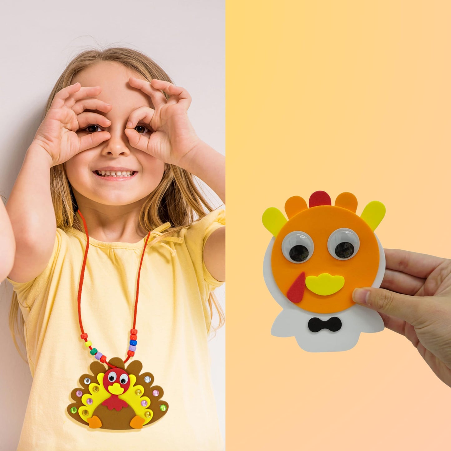 4Es Novelty Thanksgiving Craft for Kids (Makes 4) Includes - Foam Thankful Tree, Turkey Plate, Pilgrim Magnet, Turkey Necklace