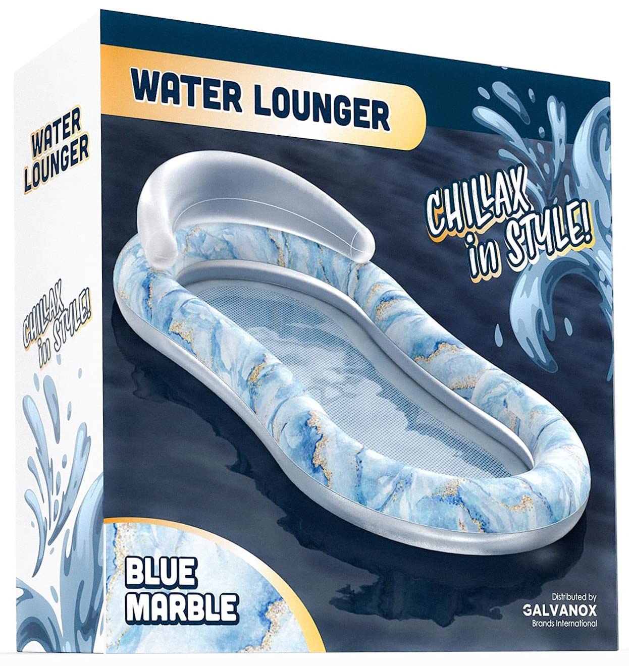 Pool Float Lounger For Adults, Mesh Bottom Inflatable Lounge Bed Recliner - Swimming Floaties For Lounging/Tanning, Blue Marble (By Galvanox Intl.)
