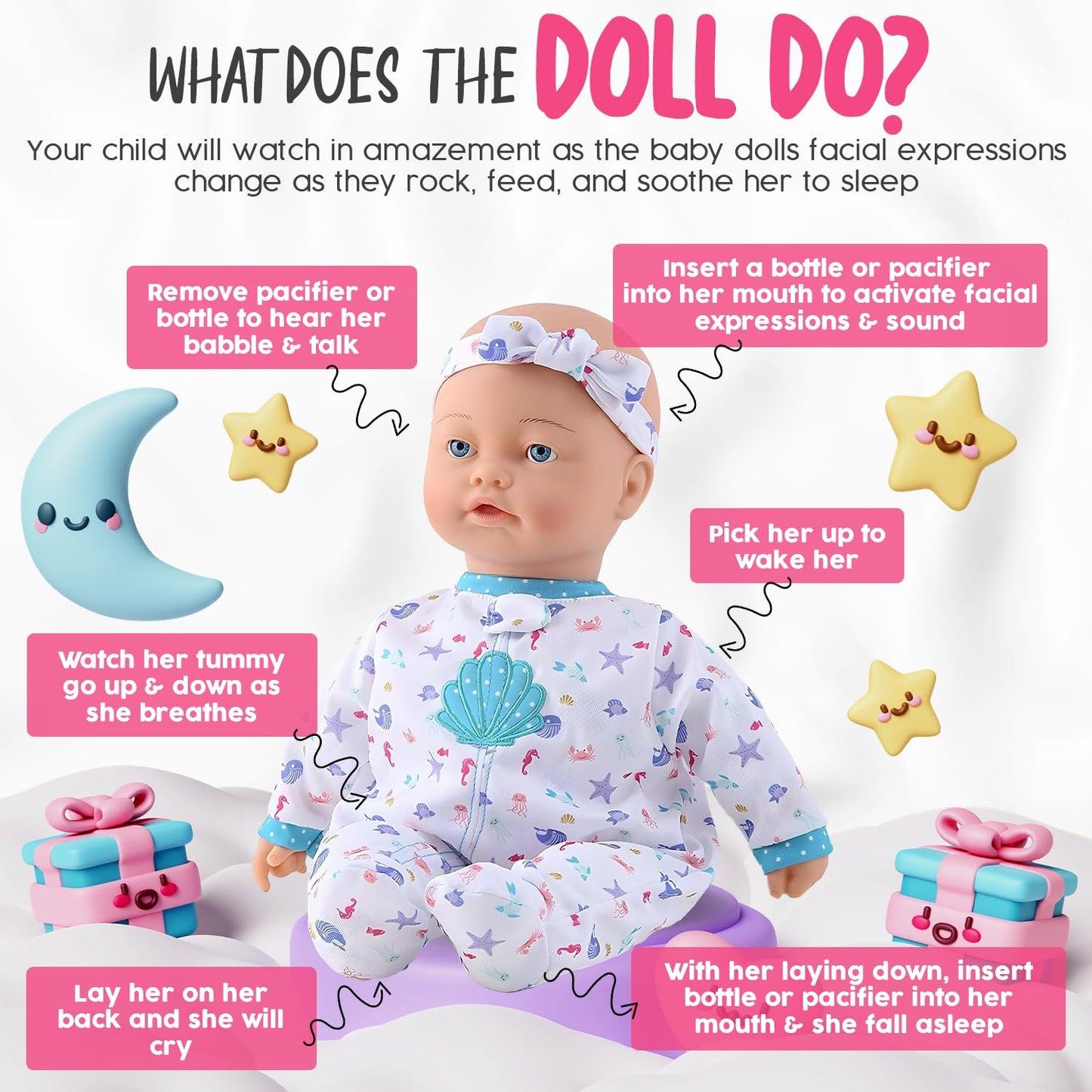 KOOKAMUNGA KIDS 16 Interactive Baby Doll - Realistic Touch-Activated Sounds, Moves, Breathes - Includes Toy Baby Bottle, Blue