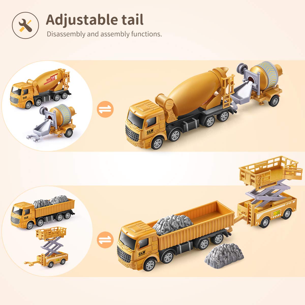 Geyiie Construction Vehicles Truck Toys, Construction Trucks Die Cast Alloy Truck Head, Tractor Trailer Excavator Dump Sandbox G