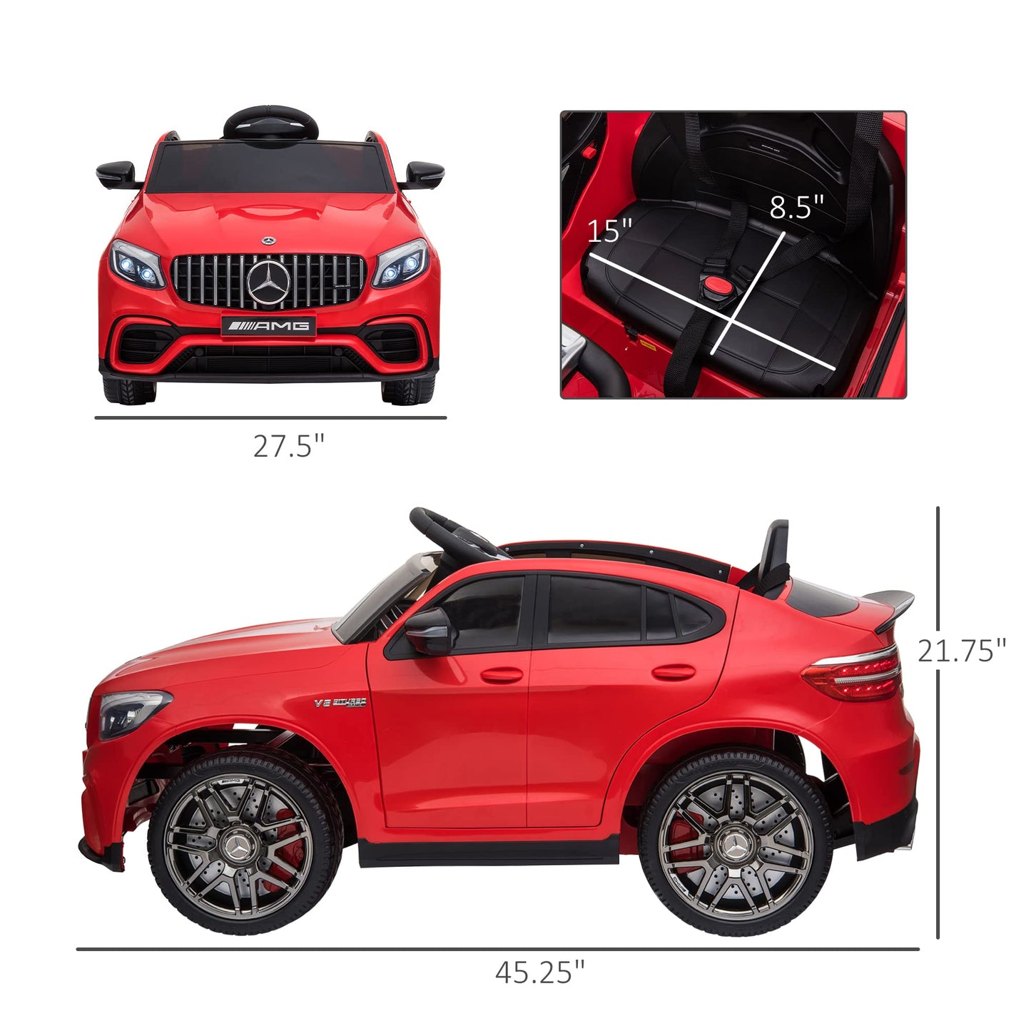 Aosom 12V Ride On Toy Car For Kids With Remote Control, Mercedes Benz Amg Glc63S Coupe, 2 Speed, With Mp3, Electric Light, Horn, Suspension, Red